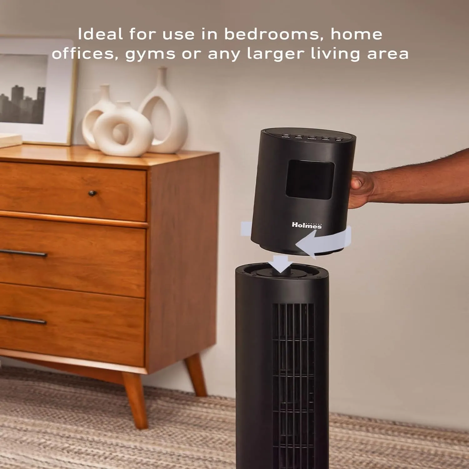 HOLMES STACK-N-CONNECT 45" Digital Tower Fan, ClearRead Display, Bonus Storage Bag, 90° Oscillation, 4 Speeds, 4 Modes, 8-Hour Timer, Home, Ideal for Bedroom or Office, Remote Control, Matte Black