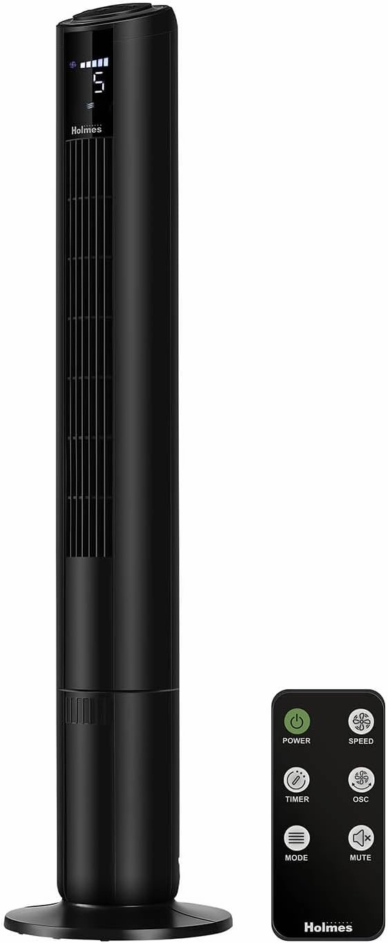 HOLMES 42" Digital Tower Fan, ClearRead Display, 90° Oscillation, 5 Speeds, 4 Modes, 8-Hour Timer, Home, Bedroom or Office, Remote Control, Matte Black