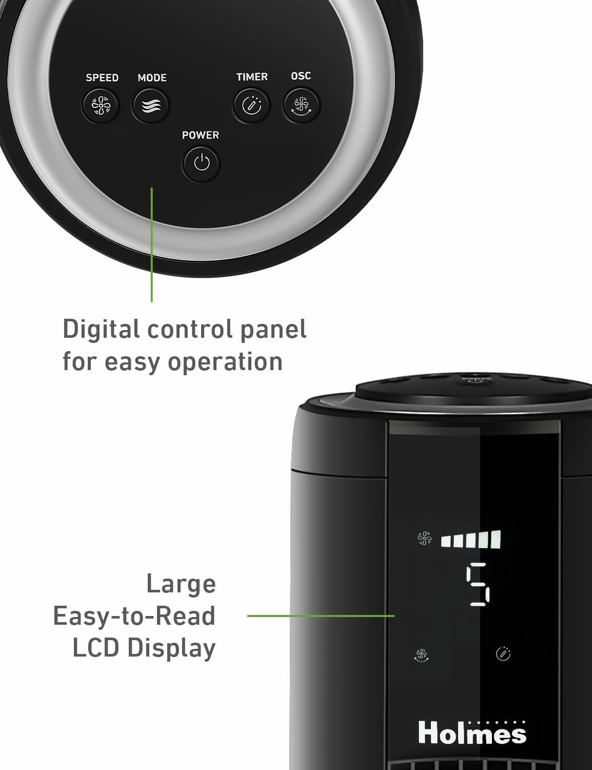 HOLMES 42" Digital Tower Fan, ClearRead Display, 90° Oscillation, 5 Speeds, 4 Modes, 8-Hour Timer, Home, Bedroom or Office, Remote Control, Matte Black