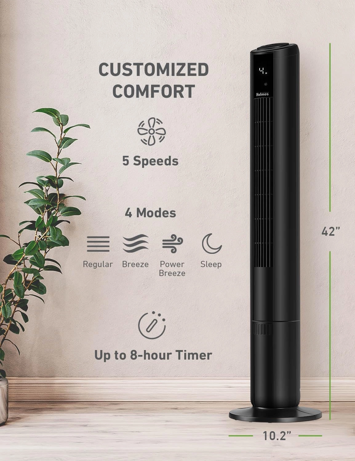 HOLMES 42" Digital Tower Fan, ClearRead Display, 90° Oscillation, 5 Speeds, 4 Modes, 8-Hour Timer, Home, Bedroom or Office, Remote Control, Matte Black