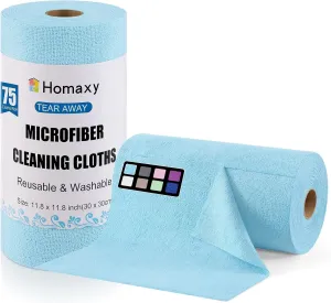 Homaxy Tear Away Dish Cloths Rolls, 75 Sheets-11.8" X 11.8", Reusable Washable Dish Towels for Kitchen, Ultra Absorbent and Quick Drying Microfiber Cleaning Rags, Aqua