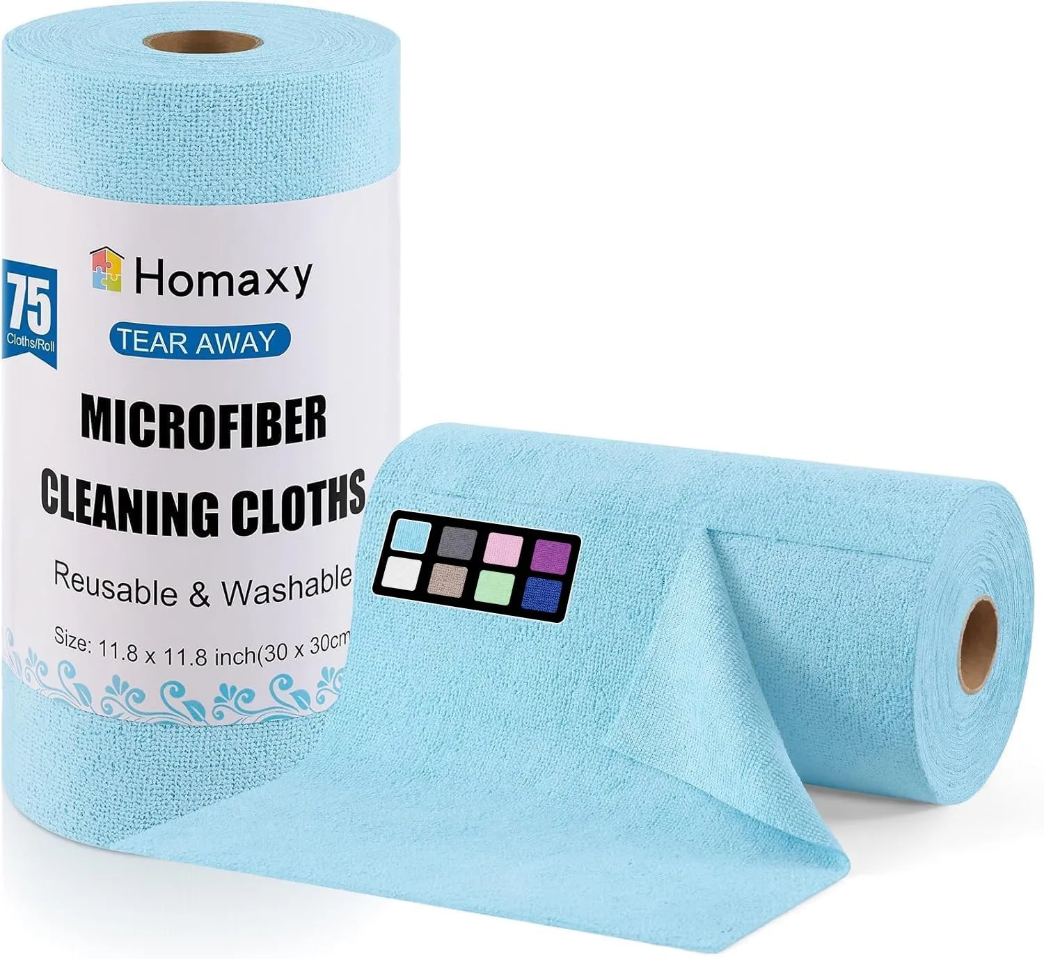 Homaxy Tear Away Dish Cloths Rolls, 75 Sheets-11.8" X 11.8", Reusable Washable Dish Towels for Kitchen, Ultra Absorbent and Quick Drying Microfiber Cleaning Rags, Aqua