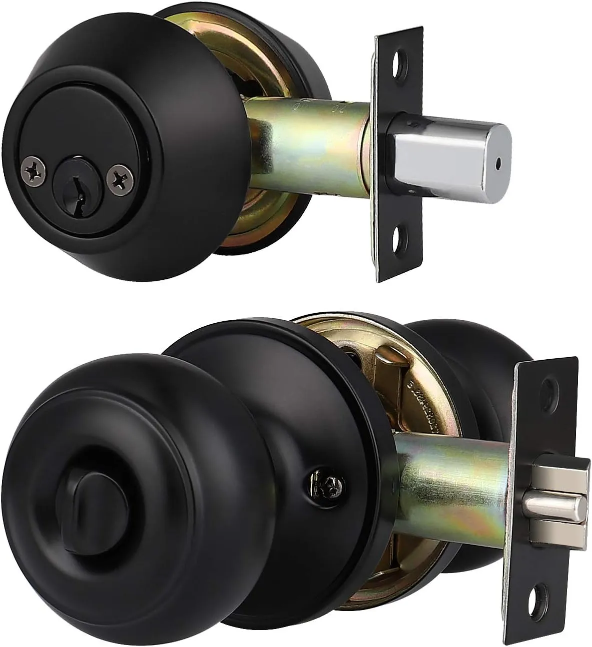 home improvement direct 1 Pack Matte Black Entry Door Knobs with Matching Double Cylinder Deadbolt Combo Pack, Keyed Alike Door Lockset, Reversible for Right and Left Handed