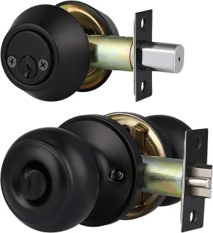 home improvement direct 1 Pack Matte Black Entry Door Knobs with Matching Double Cylinder Deadbolt Combo Pack, Keyed Alike Door Lockset, Reversible for Right and Left Handed