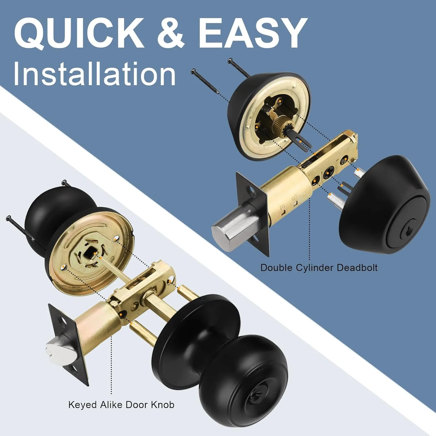 home improvement direct 1 Pack Matte Black Entry Door Knobs with Matching Double Cylinder Deadbolt Combo Pack, Keyed Alike Door Lockset, Reversible for Right and Left Handed