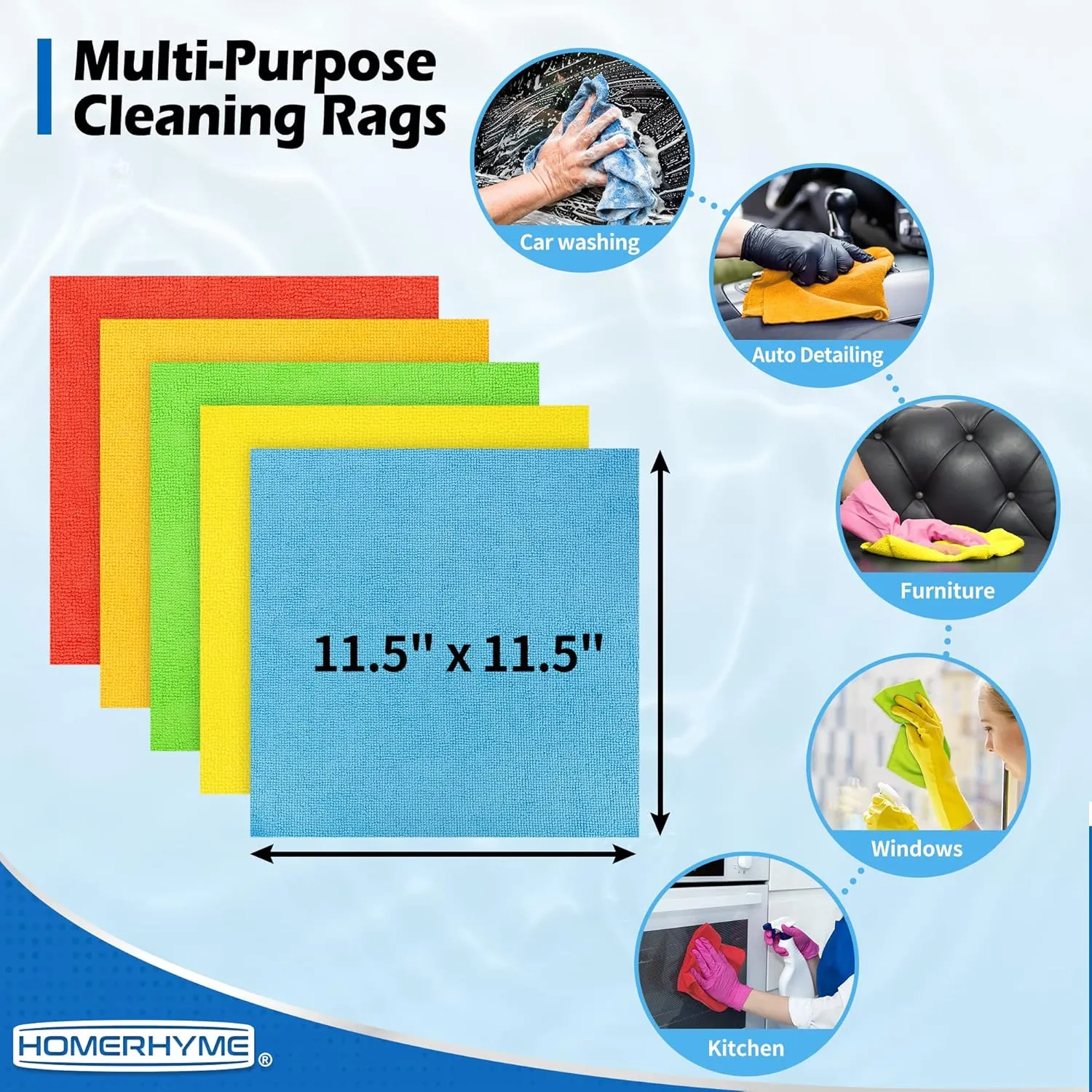 HOMERHYME Microfiber Cleaning Cloths, 100 Pack Cleaning Rags Microfiber Towels Bulk Absorbent Lint-Free Washcloths, All-Purpose Cloth Wipes for Car, Shop, Garage, Household Cleaning 11.5"*11.5"