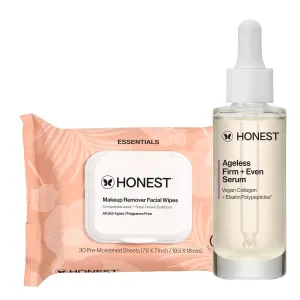 Honest Beauty Ageless Firm and Even Serum   Cleansing Makeup Remover Facial Wipes Bundle | Hypoallergenic, Fragrance Free, Vegan | 1 fl oz, 30 Count
