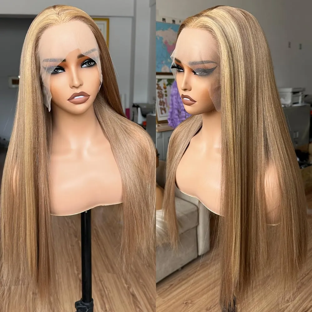 Honey Blonde HD Lace Front Wig with Skunk Stripe Straight Synthetic Hair, Pre Plucked Glueless Wig Ready to Wear, Highlight Baby Hair for Women, Natural Looking & Breathable