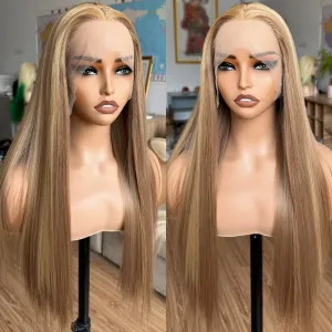 Honey Blonde HD Lace Front Wig with Skunk Stripe Straight Synthetic Hair, Pre Plucked Glueless Wig Ready to Wear, Highlight Baby Hair for Women, Natural Looking & Breathable
