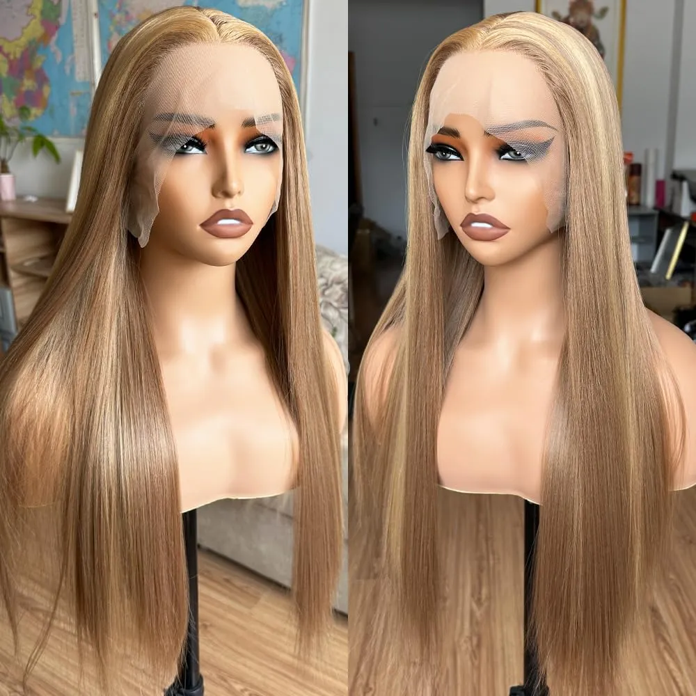 Honey Blonde HD Lace Front Wig with Skunk Stripe Straight Synthetic Hair, Pre Plucked Glueless Wig Ready to Wear, Highlight Baby Hair for Women, Natural Looking & Breathable