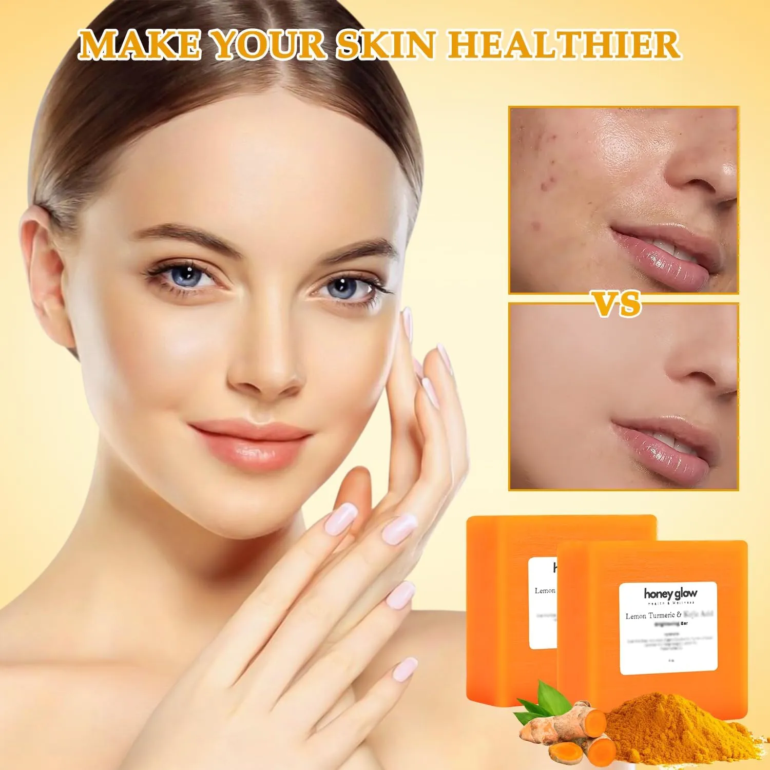 Honey Glow Lemon Turmeric Kojic Soap Bar, Honey Glow Turmeric Soap, Lemon Kojic Soap, Turmerices Soapes Bar for Face ＆ Body, Natural Turmerics Handmade Soaps for All Skin Types (3PCS)