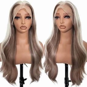 Honey Blonde HD Lace Front Wig, Curly Skunk Stripe Synthetic Hair, Pre Plucked Glueless Wig Ready to Wear, Highlight Baby Hair for Women, Heat Resistant & Adjustable Straps
