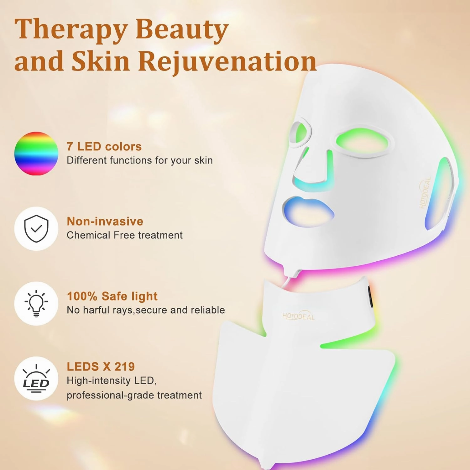 Hotodeal LED Face Mask Light Therapy,7 Colors Light Therapy for Face & Neck Mask,Skin Rejuvenation Anti-aging Beauty LED Mask,Silicone Material Foldable for Easy Carrying