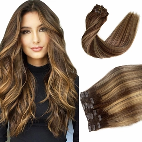 Human Hair Clip in Extensions, Chocolate Brown Balayage Caramel Blonde Clip in Hair Extensions Real Human Hair, 14 Inch 7 Pieces Double Weft Remy Human Hair Clip in Hair Extensions 70G for Women