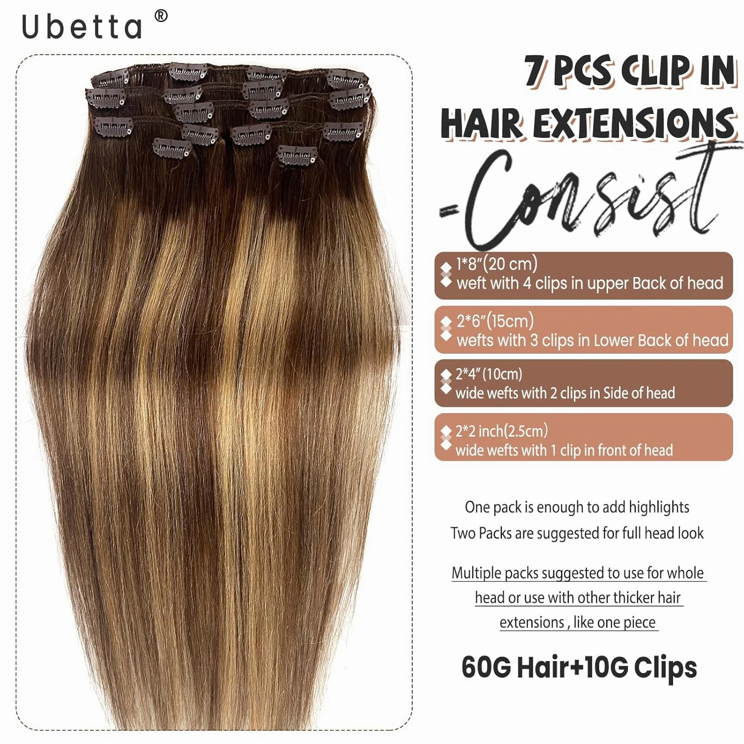 Human Hair Clip in Extensions, Chocolate Brown Balayage Caramel Blonde Clip in Hair Extensions Real Human Hair, 14 Inch 7 Pieces Double Weft Remy Human Hair Clip in Hair Extensions 70G for Women