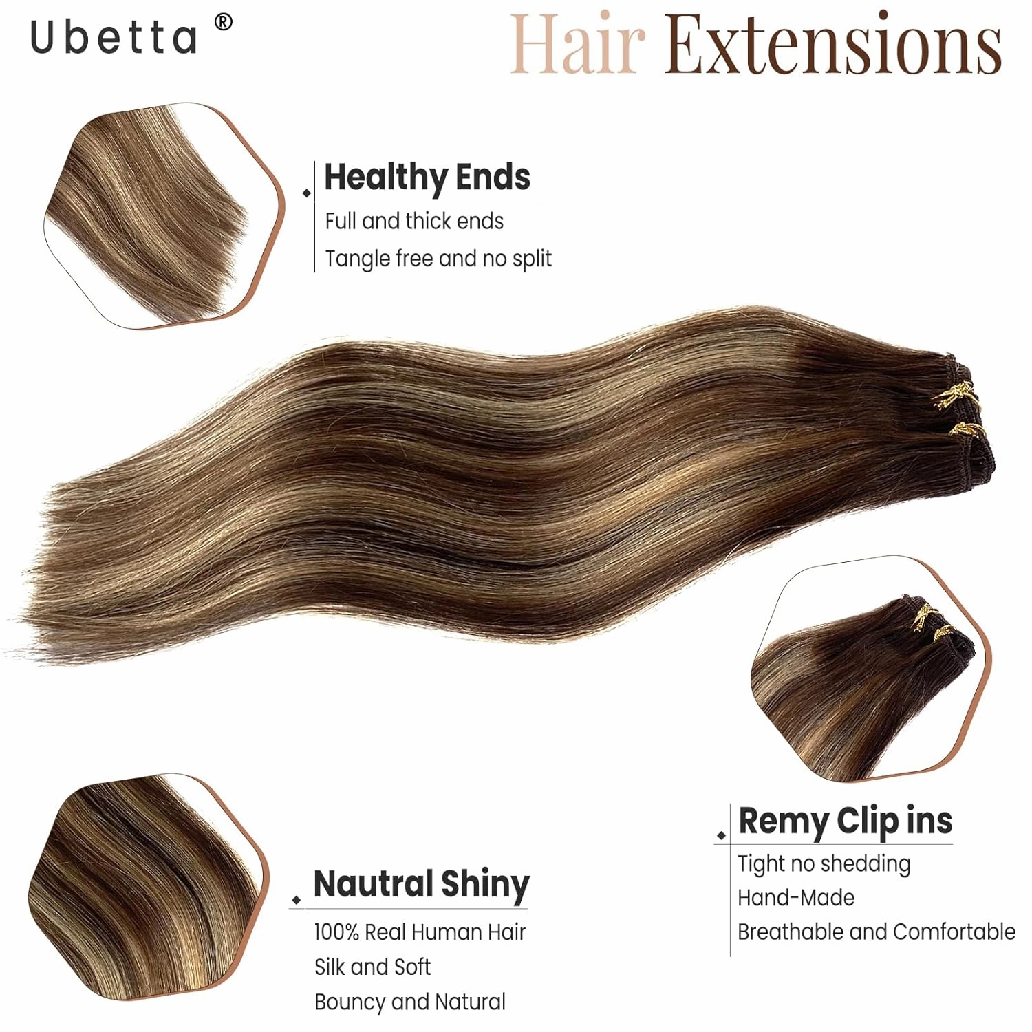 Human Hair Clip in Extensions, Chocolate Brown Balayage Caramel Blonde Clip in Hair Extensions Real Human Hair, 14 Inch 7 Pieces Double Weft Remy Human Hair Clip in Hair Extensions 70G for Women