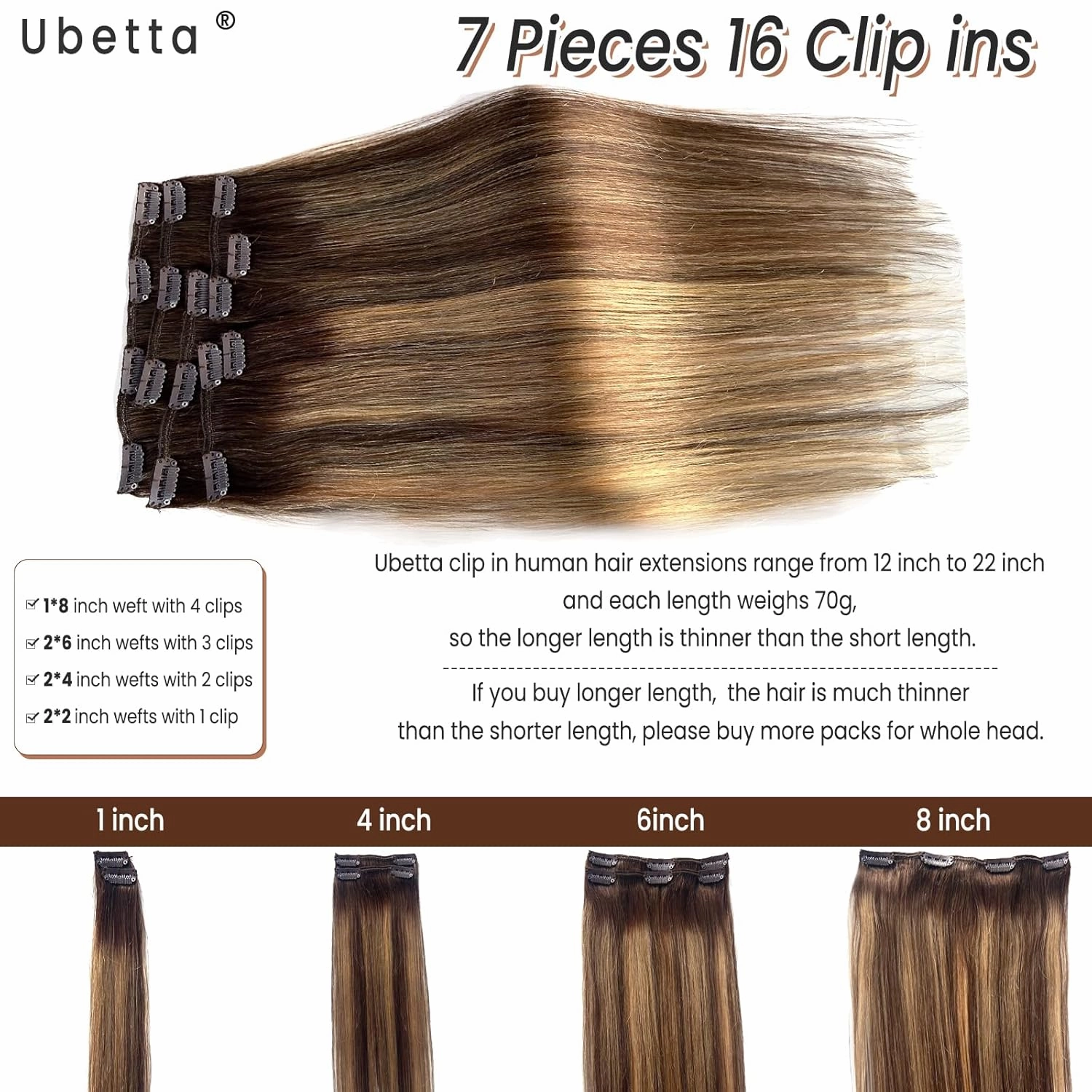 Human Hair Clip in Extensions, Chocolate Brown Balayage Caramel Blonde Clip in Hair Extensions Real Human Hair, 14 Inch 7 Pieces Double Weft Remy Human Hair Clip in Hair Extensions 70G for Women