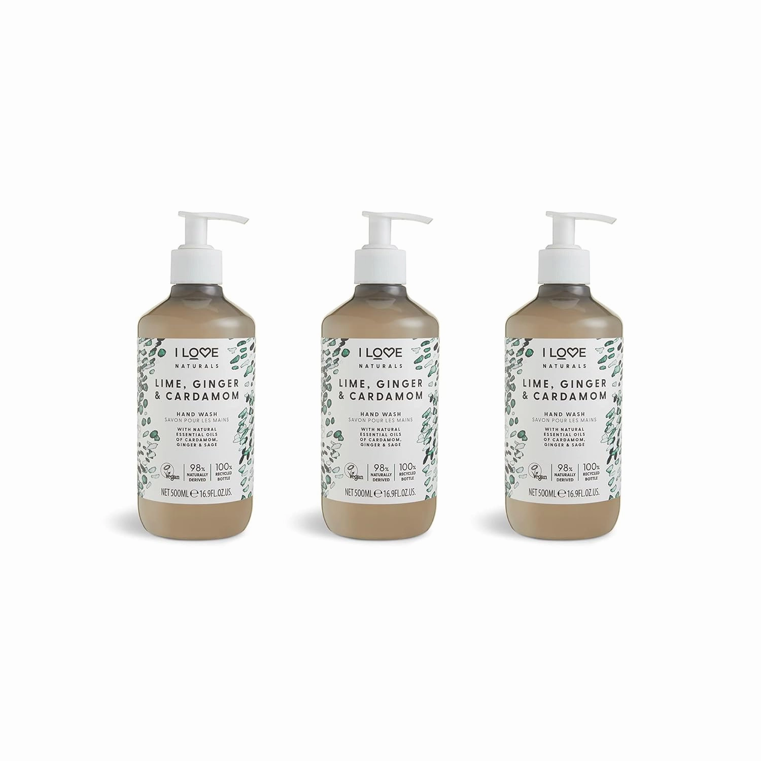 I Love Naturals Lime, Ginger & Cardamon Hand Wash, Natural Oils Of Cardamon, Ginger & Sage, Gently Removes Impurities, Refreshing & Cleansing Formula, 100% Recycled Bottle & Vegan-Friendly - 3 x 500ml