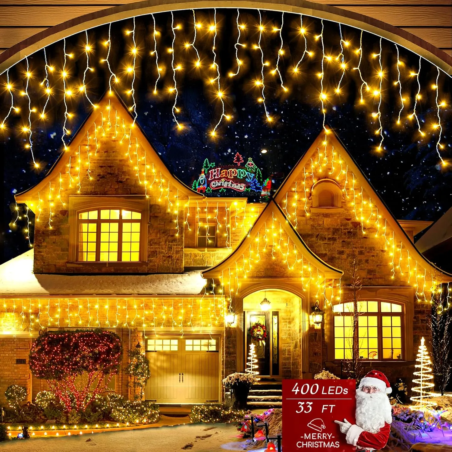 Icicle Christmas Lights Outdoor, 33ft 400 LED Icicle Lights for Outside, Plug in Twinkle Lights Indoor with 8 Modes Timer Waterproof for House Holiday Decor Wedding Christmas Decorations (Warm White)