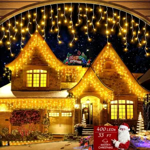 Icicle Christmas Lights Outdoor, 33ft 400 LED Icicle Lights for Outside, Plug in Twinkle Lights Indoor with 8 Modes Timer Waterproof for House Holiday Decor Wedding Christmas Decorations (Warm White)