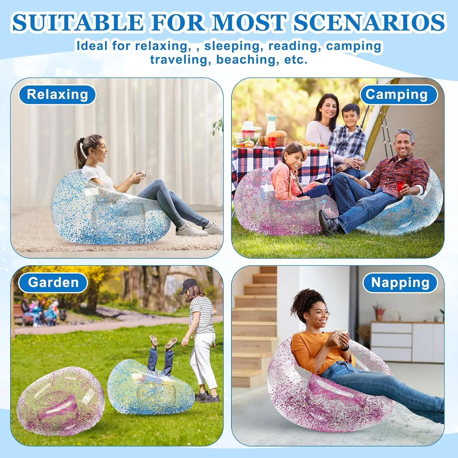 Inflatable Bean Bag Chair for Adult Bean Bag Sofa Chair Blow up Inflatable Furniture for Outdoor Living Room Bedroom Balcony Travel Party Gift Accessories(Pink and Blue Glitter,2 Pcs)
