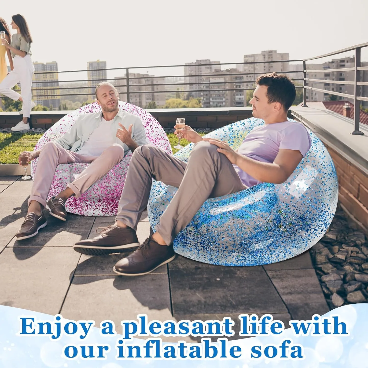 Inflatable Bean Bag Chair for Adult Bean Bag Sofa Chair Blow up Inflatable Furniture for Outdoor Living Room Bedroom Balcony Travel Party Gift Accessories(Pink and Blue Glitter,2 Pcs)