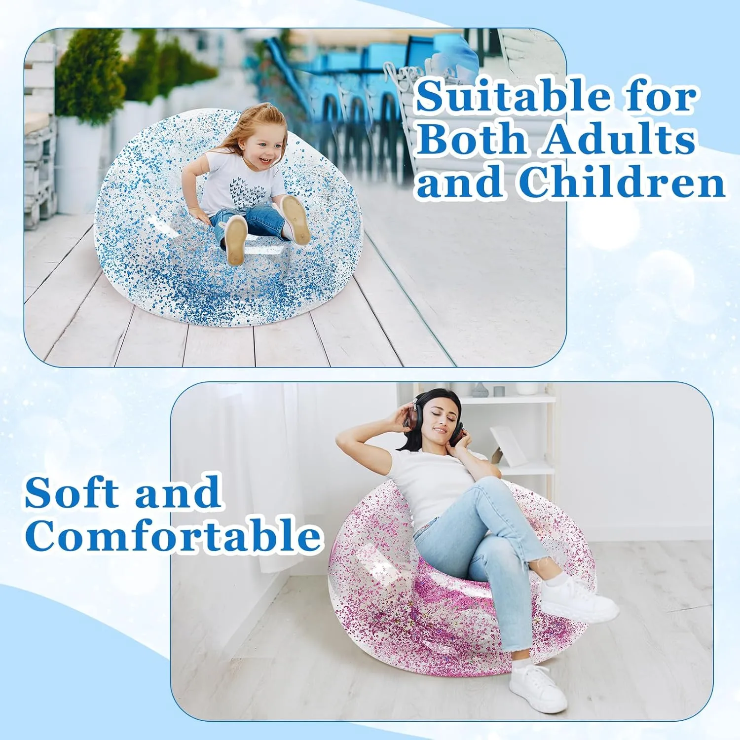 Inflatable Bean Bag Chair for Adult Bean Bag Sofa Chair Blow up Inflatable Furniture for Outdoor Living Room Bedroom Balcony Travel Party Gift Accessories(Pink and Blue Glitter,2 Pcs)