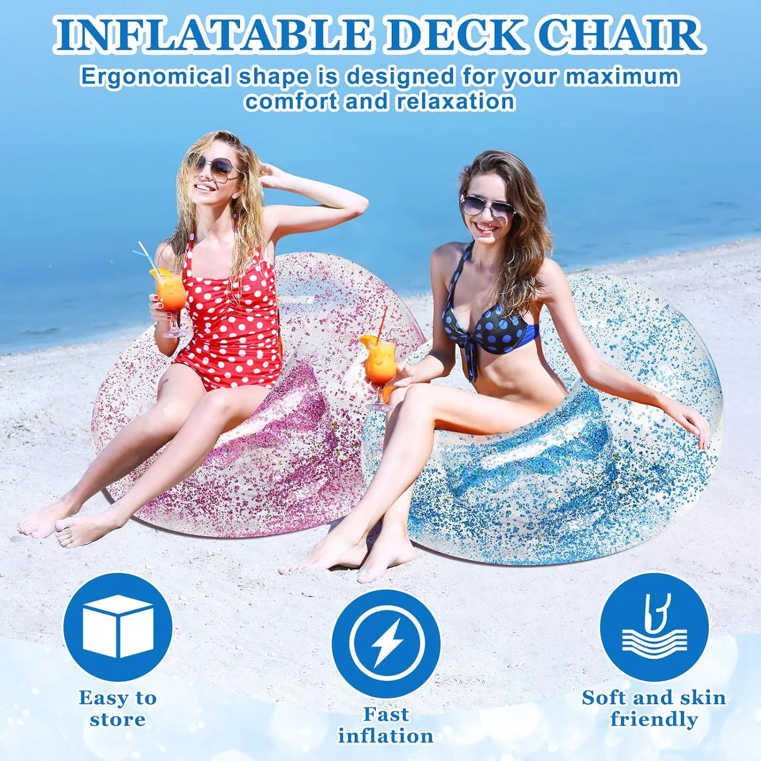 Inflatable Bean Bag Chair for Adult Bean Bag Sofa Chair Blow up Inflatable Furniture for Outdoor Living Room Bedroom Balcony Travel Party Gift Accessories(Pink and Blue Glitter,2 Pcs)