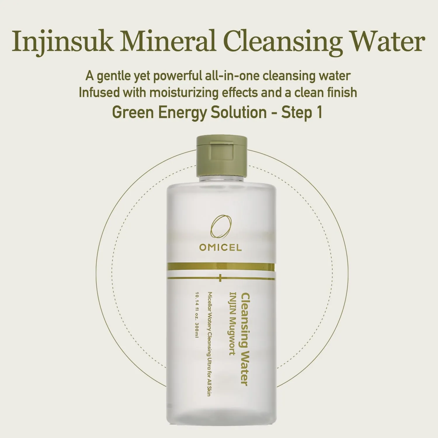 INJIN Mugwort Mineral Cleansing Water (1 Count) - Gentle Makeup Remover | Micellar Water with Tea Tree Leaf Water | Glucose-Infused Formula for Effective Cleansing