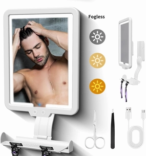 Instant Heated fog free Shower Mirror Fogless for Shaving for Women Makeup Removing,Anti fog Mirror for shower with 3-Color Dimming Light,Rechargeable Lighted Mirror,2Ways Wall Mounted Shower Mirrors