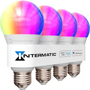 Intermatic ABRA A19 Wi-Fi Smart Bulb, 800 Lumens - Voice Controlled RGB LED, Compatible with Alexa & Google Home - Timers & Schedules, No Hub Required (4 Pack)