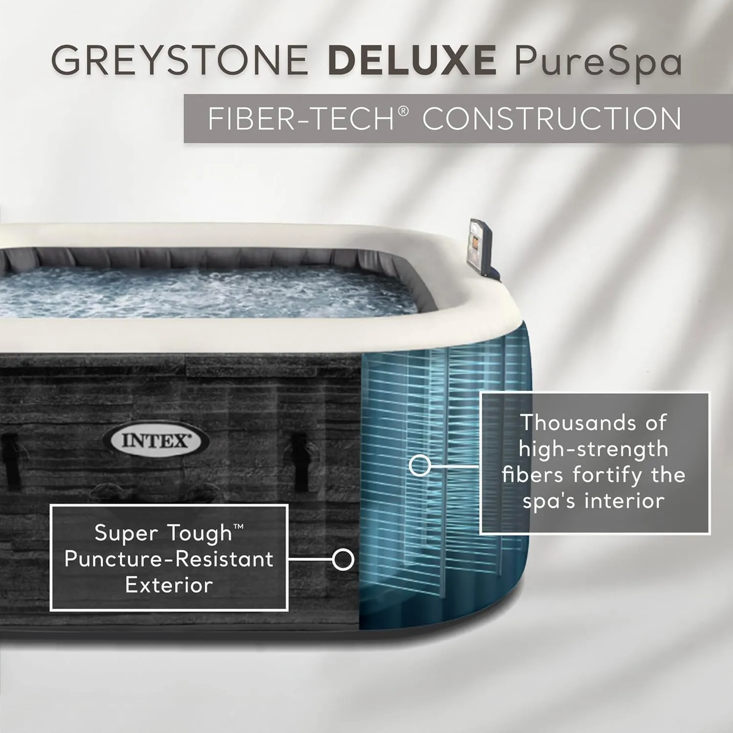 INTEX 28451EP PureSpa Greystone Deluxe Spa Set: Includes Energy Efficient Spa Cover and Wireless Control Panel – Spa Control App – Built-in FastFill Inflation System – 6 Person Capacity – 77" x 28"