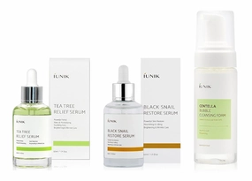 iUNIK Tea tree Relief Natural Facial Serum 1.71 Fl Oz, Acne Treatment Serum Ampoule Clear Skin   Black Snail Restore Serum Repair Ampoule, 1.71 Fl Oz,   Centella Bubble Foaming Facial Cleanser, 5.07