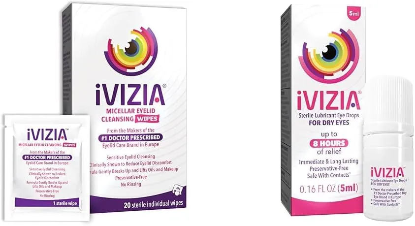 iVIZIA Eyelid Cleansing Wipes 20 Count and 0.16 Fl Oz Dry Eye Drops Bundle