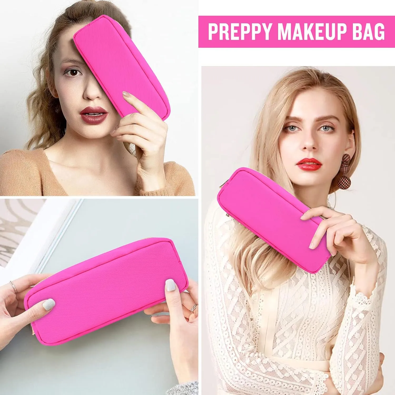 Izuzt Nylon Small Makeup Bag, Slim Pouch - Preppy Cute Makeup Brush Case, Cosmetic Zipper Pouch for Purse, Waterproof Travel Toiletry Bag Clutch, Makeup Organizer for Women & Girls (Hot Pink)