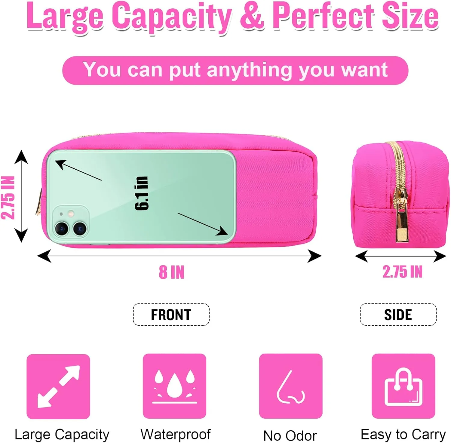 Izuzt Nylon Small Makeup Bag, Slim Pouch - Preppy Cute Makeup Brush Case, Cosmetic Zipper Pouch for Purse, Waterproof Travel Toiletry Bag Clutch, Makeup Organizer for Women & Girls (Hot Pink)