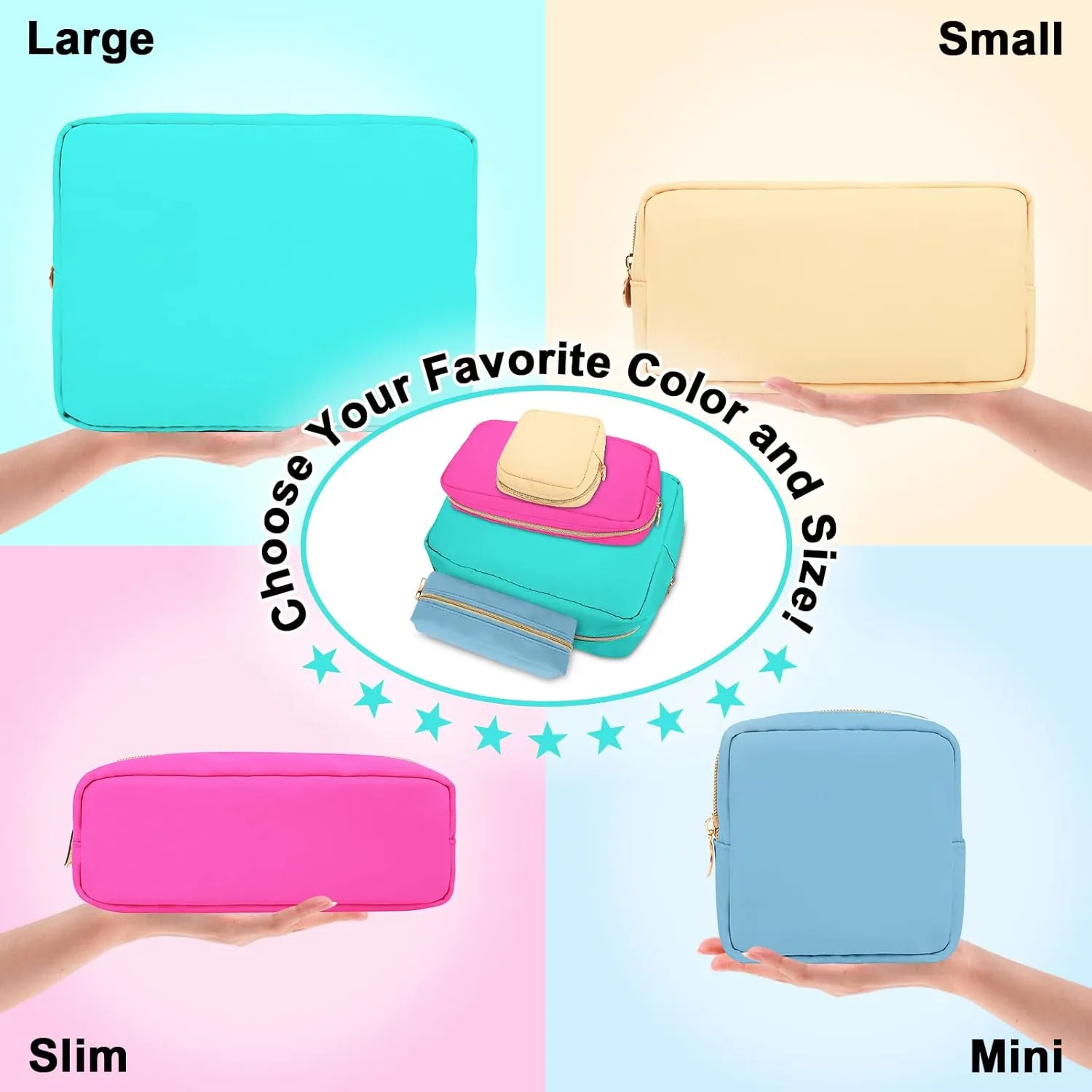 Izuzt Nylon Small Makeup Bag, Slim Pouch - Preppy Cute Makeup Brush Case, Cosmetic Zipper Pouch for Purse, Waterproof Travel Toiletry Bag Clutch, Makeup Organizer for Women & Girls (Hot Pink)