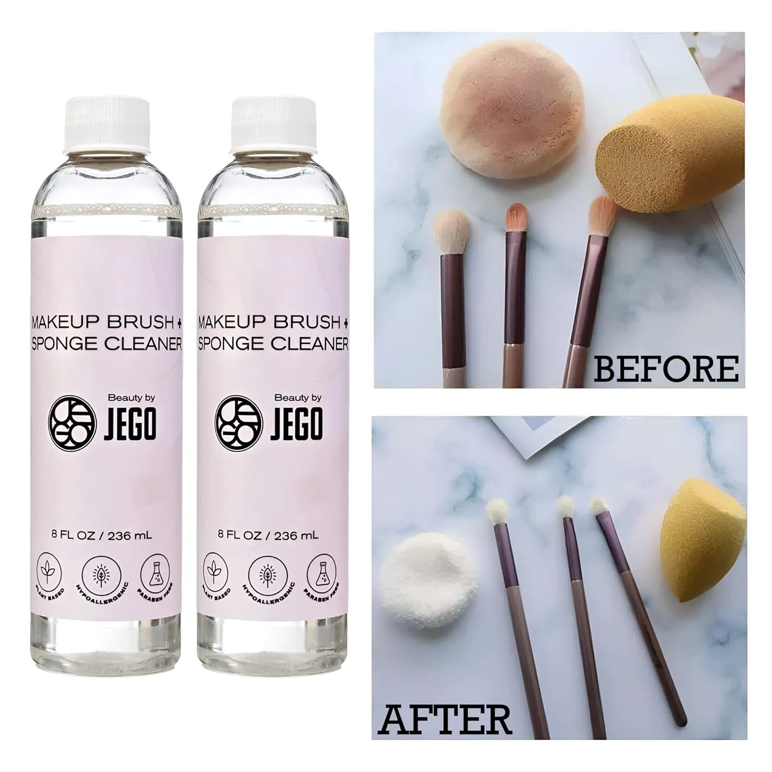 JEGO Makeup Brush Cleaner Solution - Sponge Cleaner - Make Up Brush Liquid Cleanser - Hypoallergenic & Plant-Based Solution Removes Makeup, Dirt, & Oil - 8 Oz (1 Bottle   Bowl)