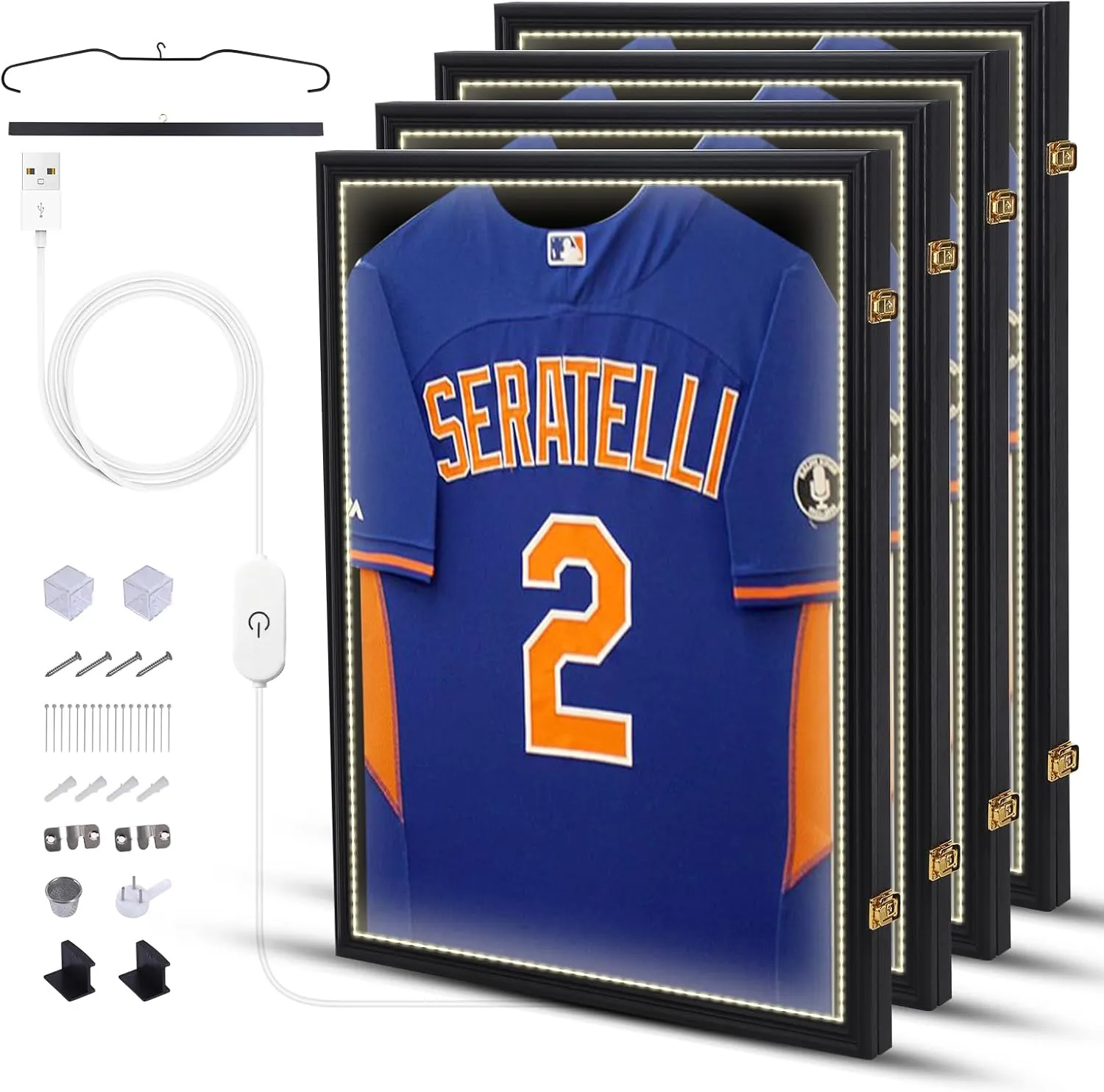 Jersey Display Case, Shadow Box Frame, with LED Light, Lockable with 98% UV Resistant Extra Large Frame 32’’ x 24’’ with Locks, Hangers, Wall Mount for Jersey and Uniform (4-Pack)