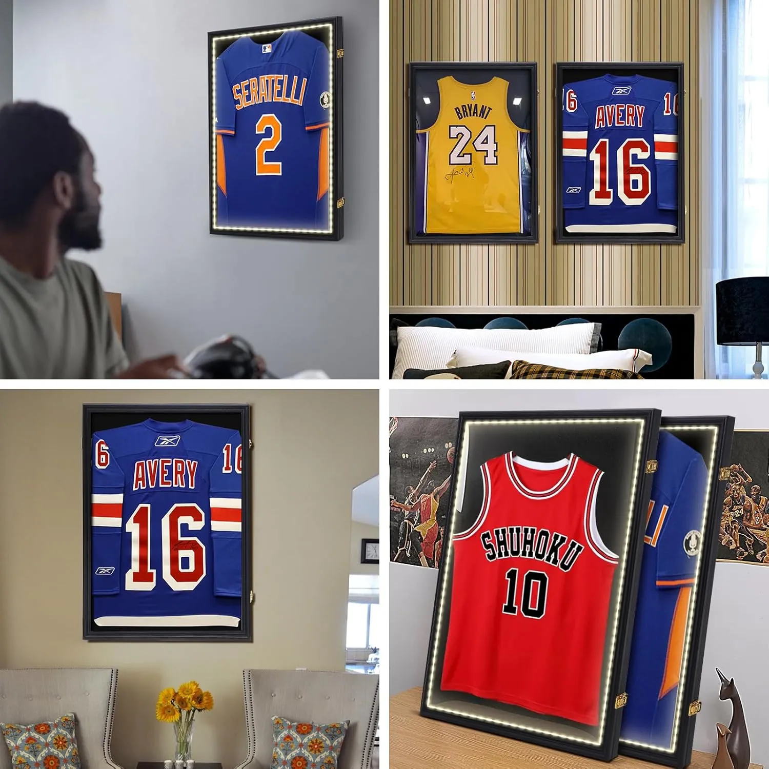 Jersey Display Case, Shadow Box Frame, with LED Light, Lockable with 98% UV Resistant Extra Large Frame 32’’ x 24’’ with Locks, Hangers, Wall Mount for Jersey and Uniform (4-Pack)