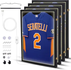 Jersey Display Case, Shadow Box Frame, with LED Light, Lockable with 98% UV Resistant Extra Large Frame 32’’ x 24’’ with Locks, Hangers, Wall Mount for Jersey and Uniform (4-Pack)