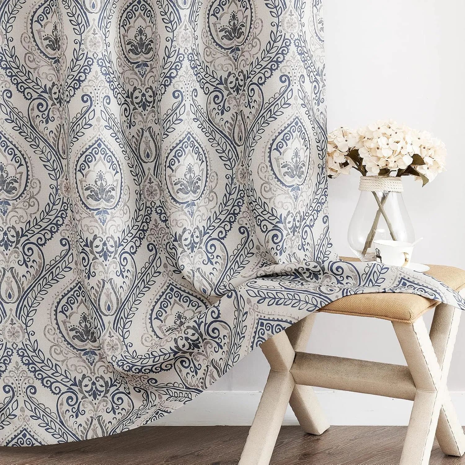 jinchan Curtains for Bedroom, Room Darkening Curtains 84 Inch Length 2 Panels Set, Linen Textured Medallion Drapes for Living Room, Vintage Damask Pattern Window Treatments, Blue on Greige