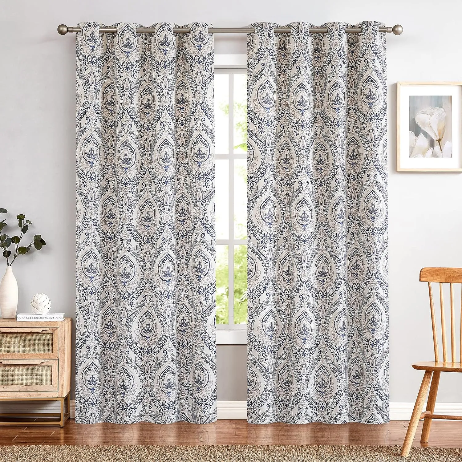 jinchan Curtains for Bedroom, Room Darkening Curtains 84 Inch Length 2 Panels Set, Linen Textured Medallion Drapes for Living Room, Vintage Damask Pattern Window Treatments, Blue on Greige