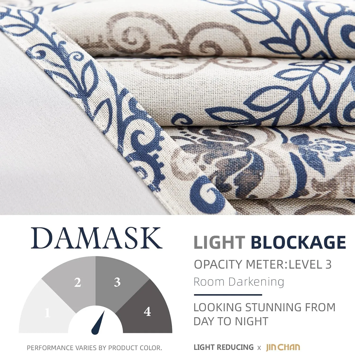 jinchan Curtains for Bedroom, Room Darkening Curtains 84 Inch Length 2 Panels Set, Linen Textured Medallion Drapes for Living Room, Vintage Damask Pattern Window Treatments, Blue on Greige