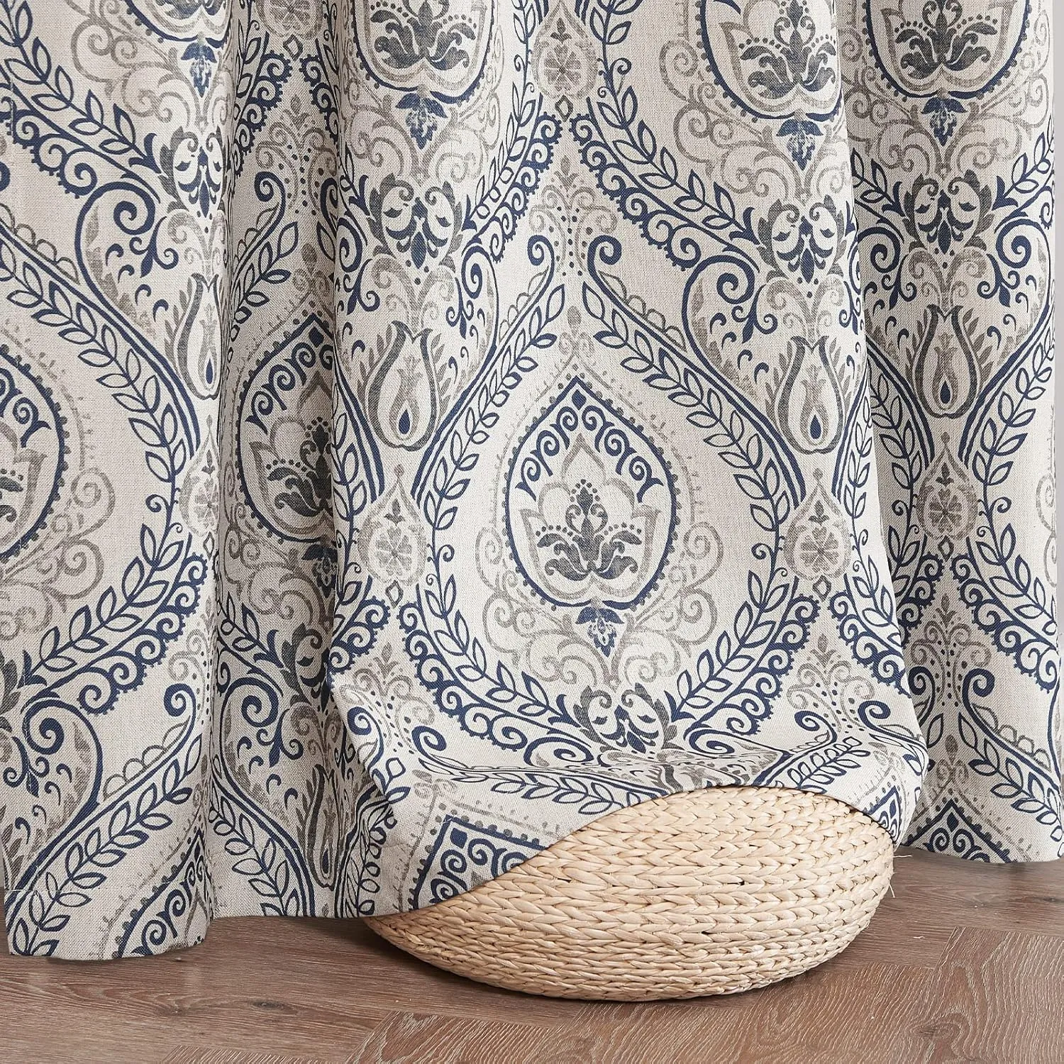 jinchan Curtains for Bedroom, Room Darkening Curtains 84 Inch Length 2 Panels Set, Linen Textured Medallion Drapes for Living Room, Vintage Damask Pattern Window Treatments, Blue on Greige