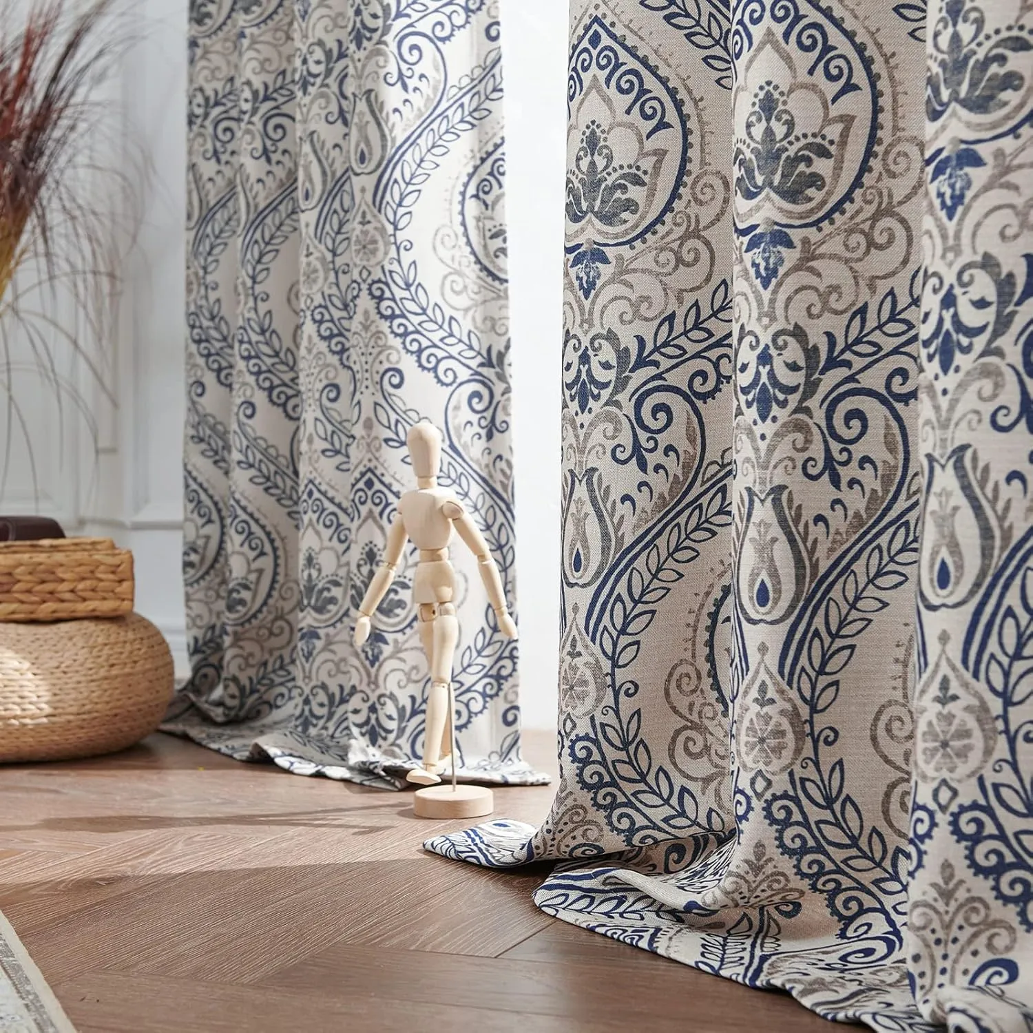 jinchan Curtains for Bedroom, Room Darkening Curtains 84 Inch Length 2 Panels Set, Linen Textured Medallion Drapes for Living Room, Vintage Damask Pattern Window Treatments, Blue on Greige