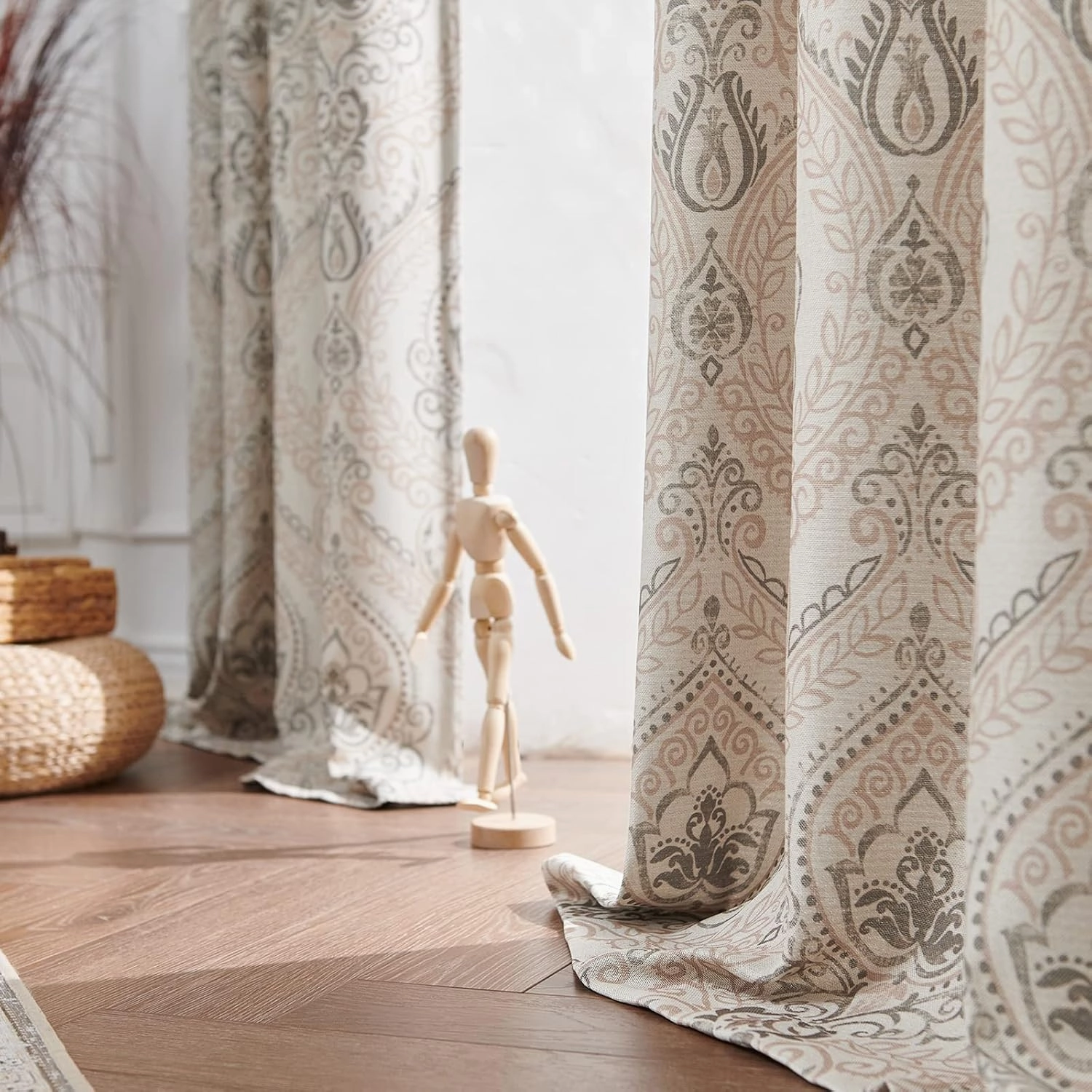 jinchan Farmhouse Taupe Curtains for Living Room Darkening 84 Inch Length, Medallion Drapes for Bedroom, Damask Pattern Window Treatments Vintage Polyester Textured Curtain Panels, 2 Panels