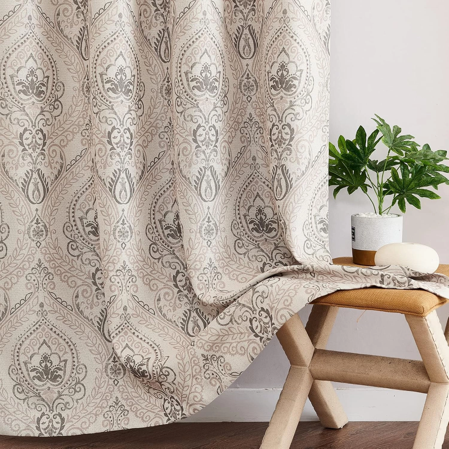 jinchan Farmhouse Taupe Curtains for Living Room Darkening 84 Inch Length, Medallion Drapes for Bedroom, Damask Pattern Window Treatments Vintage Polyester Textured Curtain Panels, 2 Panels