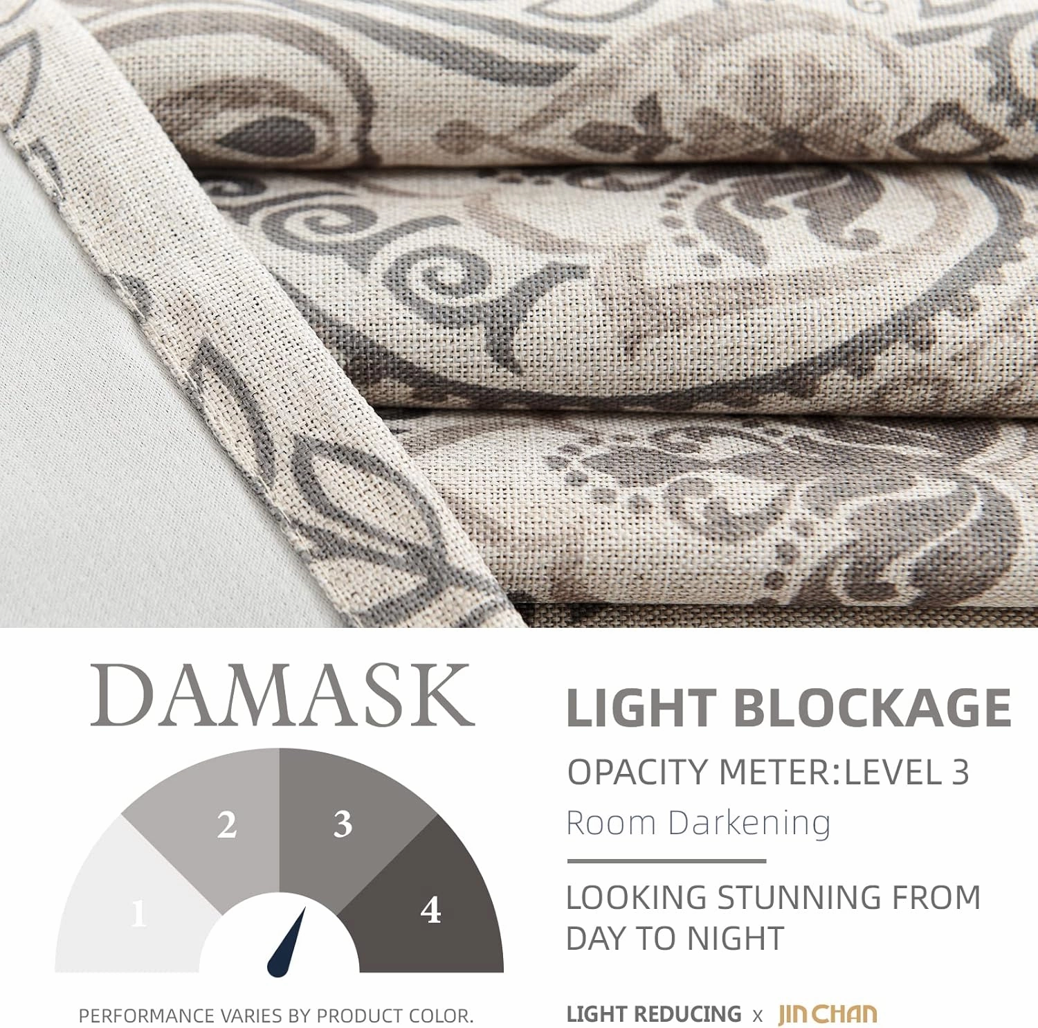 jinchan Linen Textured Curtains for Living Room Darkening 72 Inch Length, Medallion Drapes for Bedroom, Damask Pattern Window Treatments Vintage Curtain Panels, 2 Panels Grey on Greige
