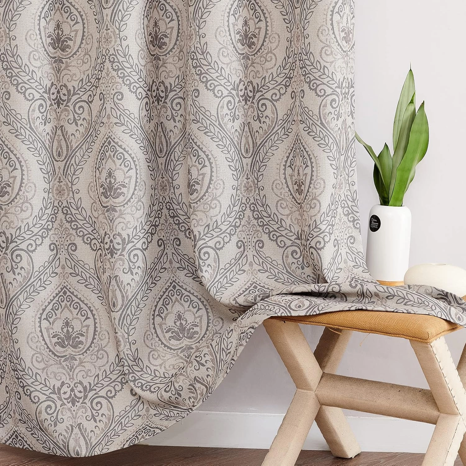 jinchan Linen Textured Curtains for Living Room Darkening 72 Inch Length, Medallion Drapes for Bedroom, Damask Pattern Window Treatments Vintage Curtain Panels, 2 Panels Grey on Greige